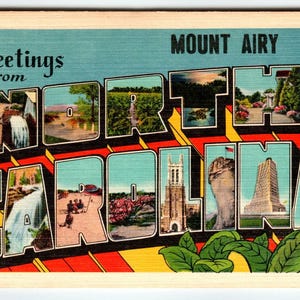 Carte postale vintage en lin Salutations de Caroline du Nord, grande lettre, Mount Airy