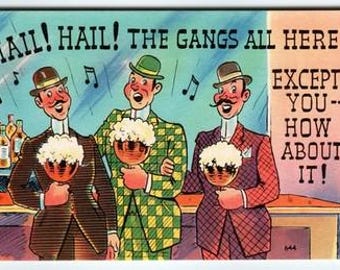 Vintage 1950s Linen Comic Postcard Hail The Gangs All Here Bar Scene