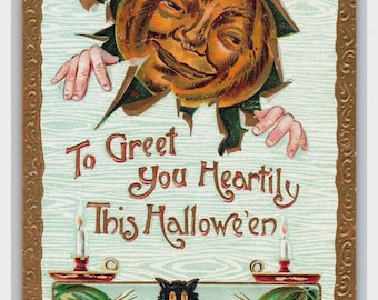 Vintage Halloween Postcard with Smiling Pumpkin & Black Cat, Divided Back