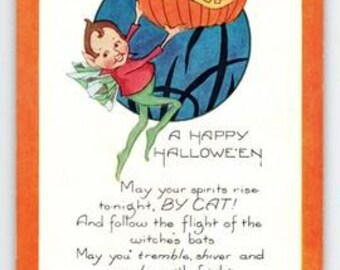 May include: Vintage Halloween greeting card with an orange border. The card features a cartoon elf holding a carved pumpkin against a blue background. Text reads "A Happy Halloween" and a poem.