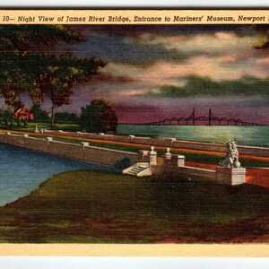 Vue nocturne James River Bridge Carte postale Newport News Virginia Linen vintage 1943