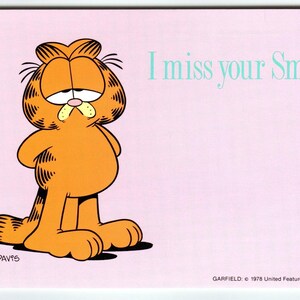 Carte postale Garfield Cat, ton sourire me manque, chaton triste Jim Davis 1978 inutilisé