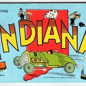 Salutations de l'usine d'élevage de porcs de voitures de course de l'Indiana Carte postale Linen Kropp