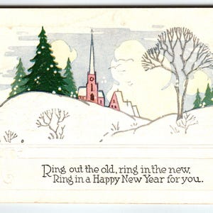 Carte postale Nouvel an Ring Out The Old Ring In The New Church Hiver Neige vintage