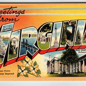Carte postale d'État en lin, grande lettre, Grandes salutations de Virginie, Asheville, cadeau unique sans affectation