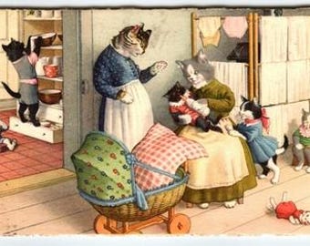 Fantasy Lithograph Dressed Cat Family Postcard by Max Künzli, Switzerland