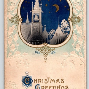 Carte postale de Noël, église en relief, feuilles de houx, croissant de lune, étoiles dorées 1002 cadeau unique