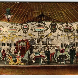 Carte postale "FLYING HORSES" carrousel Parc d'attractions Savin Rock Connecticut 1918 Joyeux