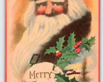 Antike frohe Weihnachten Postkarte Weihnachtsmann Langer Bart Stechpalmen Beeren Unbenutzt