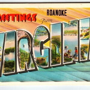 Carte postale en lin, grandes lettres, grandes lettres, Virginia Greetings From Roanoke, Metropolitan