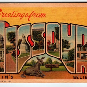 Salutations du Missouri Grande carte postale en lin Linen Curt Teich Seein's Believin'