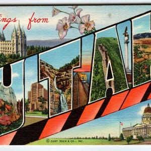 Carte postale grande grande lettre, Greetings From Utah, Linen Curt Teich vintage inutilisé