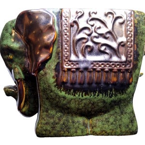 Elephant Candle Votive Holder Pottery 6" Green Asian Animal Asia Figural Holds 2