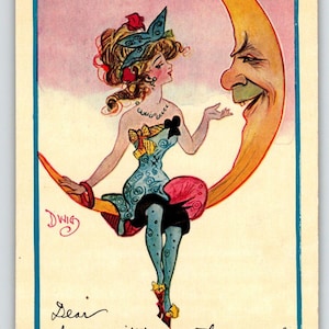 Dwige carte postale signée, croissant de lune homme visage humain fantaisie 1908 Chas Rose 21 cadeau unique