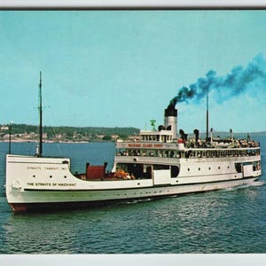 1963 Straits of Mackinac Ferry Postcard by L.L. Cook Co. Michigan Blue Smoke