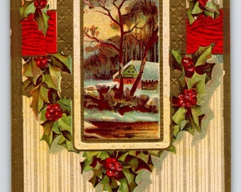 Christmas Postcard Embossed Poinsettias Flowers Cottage Series A No 24 Vintage