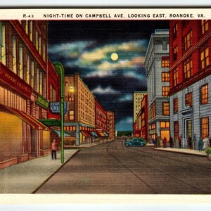 Carte postale de nuit sur l'avenue Campbell vers East Roanoke en Virginie Linge de maison non utilisé