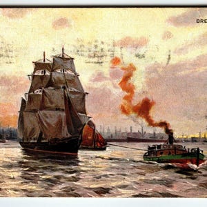 Ship Boat Postcard Large Boat Being Towed Into Harbor Coast 1908 Signed Antique Unique Gift