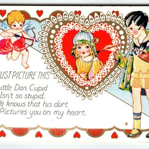 Carte postale de la Saint-Valentin Il suffit d'imaginer ce cadeau unique en relief vintage Little Dan Cupidon