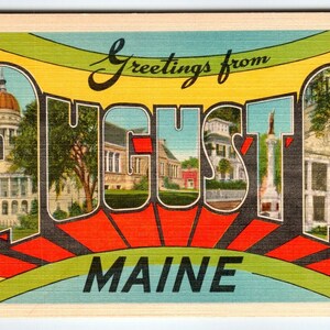 Carte postale arc-en-ciel avec grandes lettres, Greetings From Augusta Maine, lin INUTILISÉ