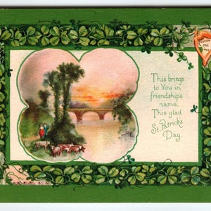 Carte postale de la Saint-Patrick Loup Sunset Bridge Vaches Animaux Shamrock Greetings 453