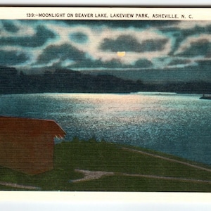 Carte postale au clair de lune sur le lac aux castors Lakeview Park Asheville en Caroline du Nord, cadeau unique en lin