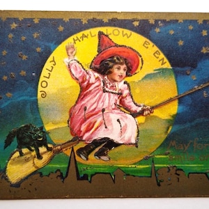 Halloween Fortune Carte postale sorcière sur balai chat noir mica paillettes pleine lune AMP