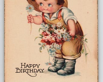 Vintage Birthday Postcard Cute Boy with Flowers Early 1900s