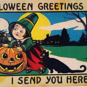 Carte postale Halloween Bergman sorcière fille chat noir pleine lune JOL Fantasy série 9086 cadeau unique