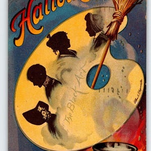 Carte postale d'Halloween Ellen Clapsaddle, palette de peinture noire, chaudron magique, 1917
