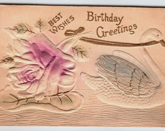 Vintage Embossed Birthday Postcard Swan & Pink Rose 1910 Airbrushed