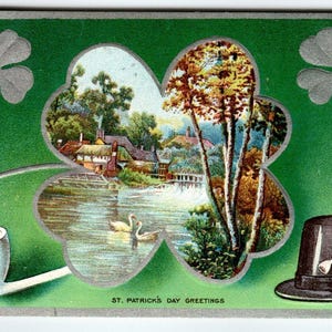 Carte postale de la Saint-Patrick, salutations irlandaises, tuyau, chapeau, canards, étang, 1910 AMP en relief, cadeau unique