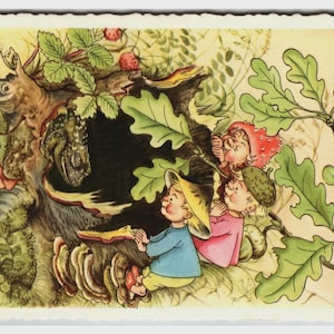 May include: A vintage-style postcard illustration featuring three small figures with hats interacting with a large, dark tree hollow. The scene includes a toad inside the hollow, green oak leaves, red strawberries, and shelf mushrooms on the tree bark.