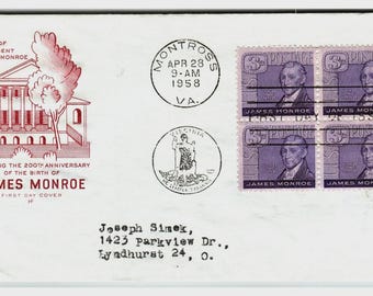 Scott #1085 1958 James Monroe 3c Stamp First Day Cover FDC Montross VA