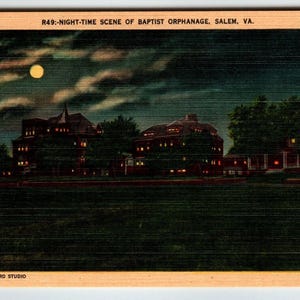Orphelinat baptiste éclairé par la lune la nuit, Salem, Virginie, carte postale, cadeau unique, lin, VA