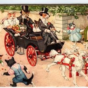 May include: A vintage illustration depicting a wedding scene with cats dressed as humans. A horse-drawn carriage carries the bride and groom. Other cats are present, and the scene is set outdoors with a light background.