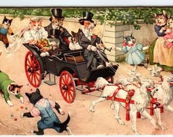 Vintage Lithograph Dressed Cat Fantasy Wedding Carriage Postcard by Max Kunzli