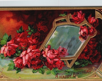 Vintage Embossed Birthday Postcard with Roses & Mirror, Printed in Germany