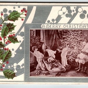 Weihnachtspostkarte Weihnachtsmann mit verbundenen Augen Kinder Geschenke Weihnachtsbaum Douglas 1912 Einzigartiges Geschenk