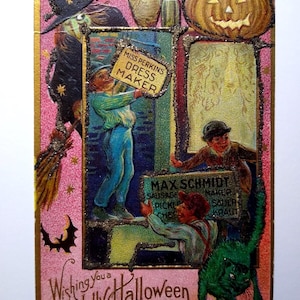 Halloween Postkarte Grüne Katze Miss Perkins Dress Maker Zeichen Max Schmidt Serie 4
