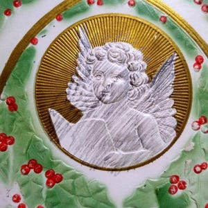 Cherub Angel Christmas Fantasy Postcard Embossed Holly 1908 Vintage Thick Stock Unique Gift