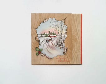 Vintage Weihnachts Grußkarte Holz Platte Verschneite Szene Made in USA