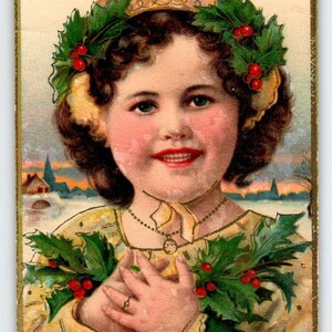 Carte postale de Noël une fille aux cheveux bouclés porte des feuilles de houx dans une couche de gel pour cheveux 1910