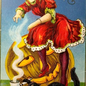 Halloween Hexe Postkarte Fantasy Löwenkopf Kürbis JOL Pfeife schwarze Katze Einzigartiges Geschenk