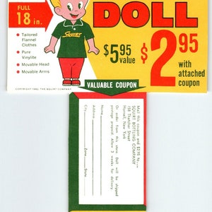 Squirt Soda Doll Offer Advertising Vintage Beverage Promo 1962 Carton Insert Unique Gift