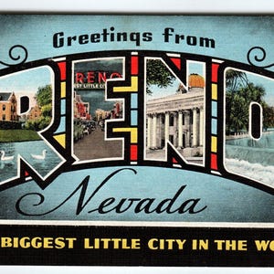 Carte postale vintage Grandes lettres avec grandes lettres de la ville de Reno Nevada, lin Kropp
