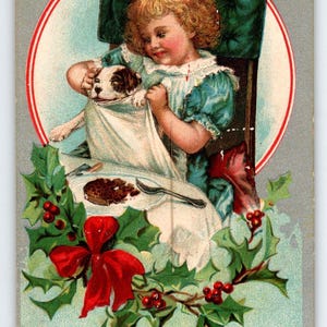 Christmas Postcard Puppy Dog Girl Sit At Dinner Table Vintage Embossed AMP