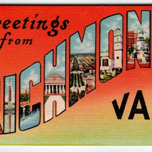 Salutations de Richmond Virginia Grande grande carte postale en lin lettre VA rétro inutilisée