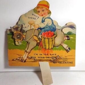 Enfant promenades avec un âne vintage mécanique Saint-Valentin carte de voeux découpée vintage cadeau unique