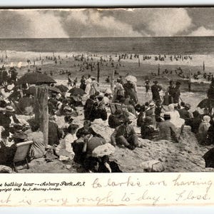 Carte postale vintage Asbury Park NJ Beach, heure de baignade, 1906, message de soie dentaire